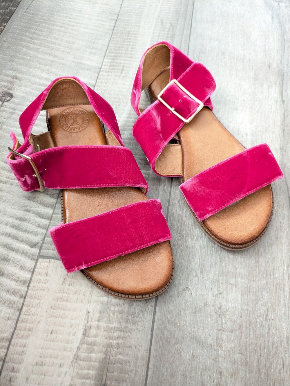 Penelope Chilvers Pink Velour Sandals Flat  Womens Size 38 US 7 Gold Buckle